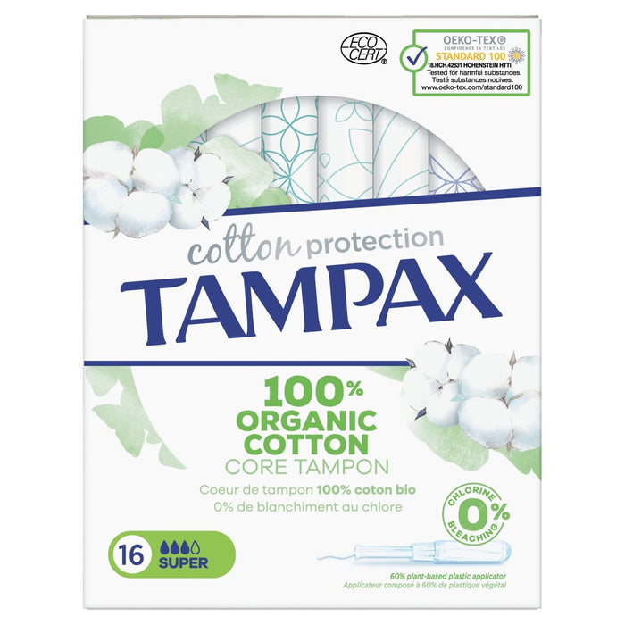 Tampax Súper tampones de protección de algodón orgánico con aplicador 16 por paquete