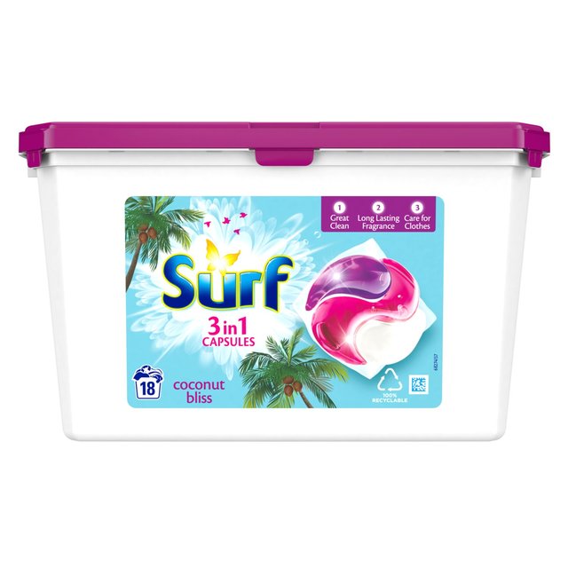Surf 3-en-1 Coconut Bliss Cápsulas de lavado 18 por paquete 