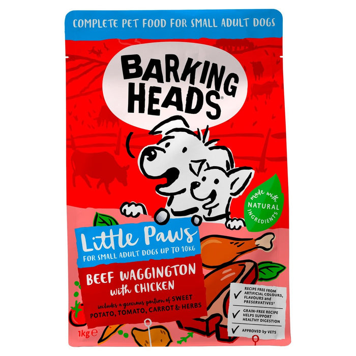 Barking cabezas pequeñas patas de carne de res waggington con comida para perros secos de pollo 1 kg
