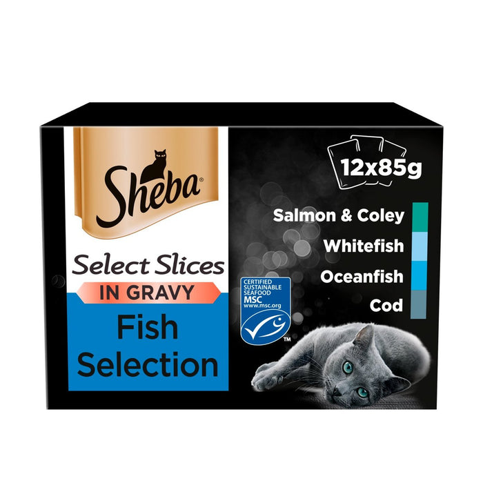Sheba seleccione rodajas de comida de comida de gato pescado en salsa 12 x 85g